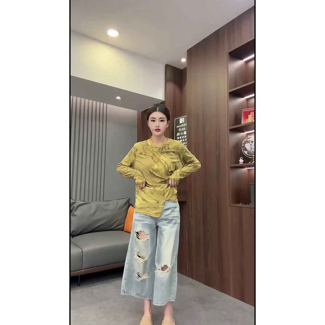 不规则扎染衫夏季复古印花时尚休闲气质ins重工设计感长袖