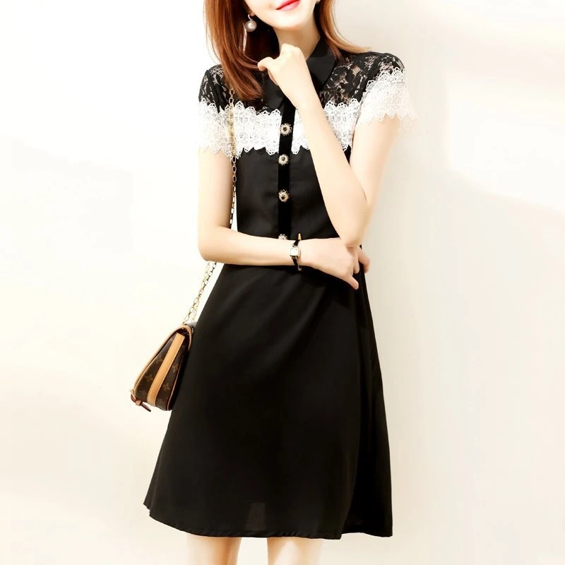 新款翻领短袖连衣裙蕾丝气质通勤复古收腰显瘦休闲中长裙2398