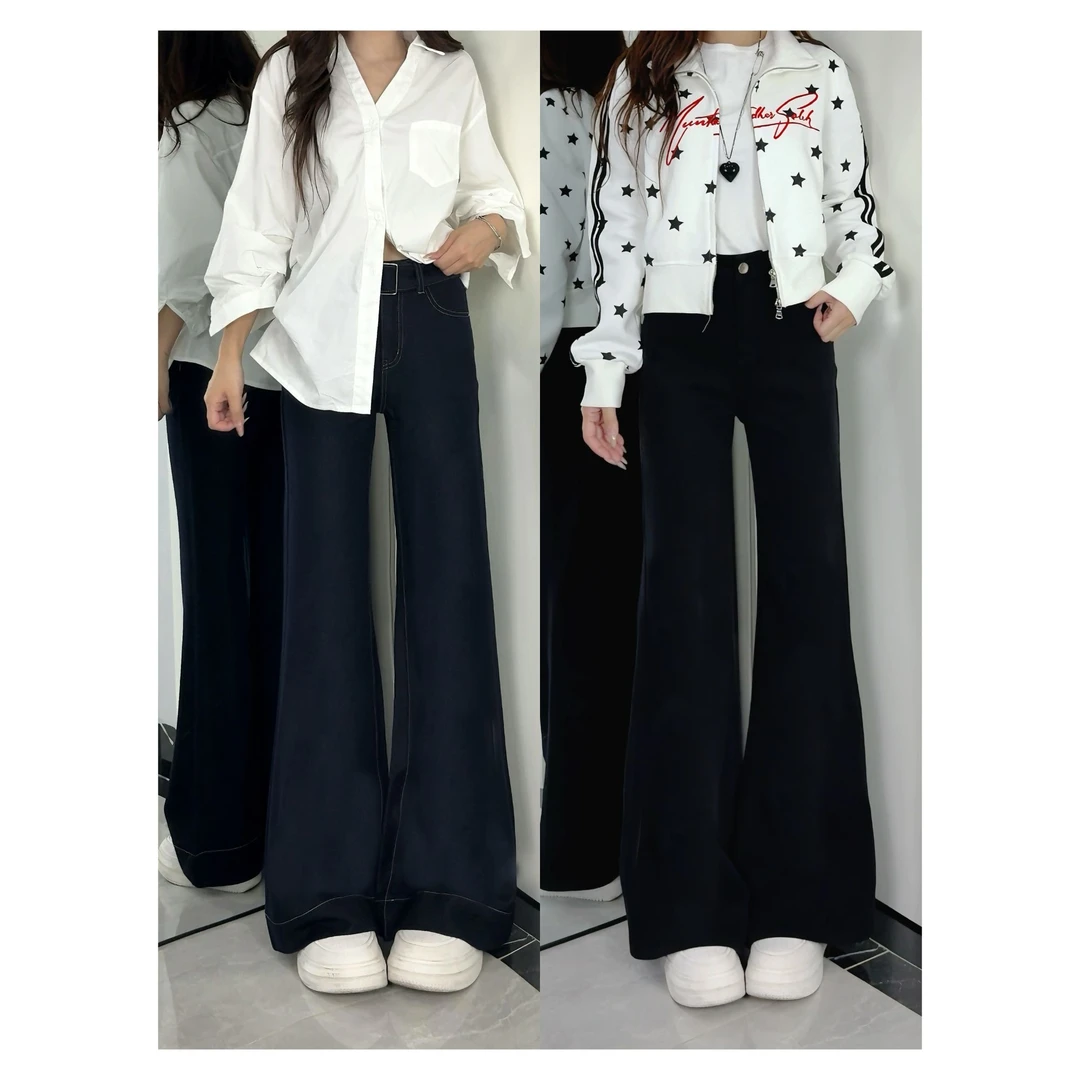 早秋新款不贴腿微喇牛仔裤女免熨免烫黑色高腰显瘦显腿长阔腿裤子