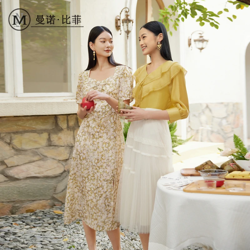 专柜同款秋季香碎花连衣裙中长款女MEBL131015
