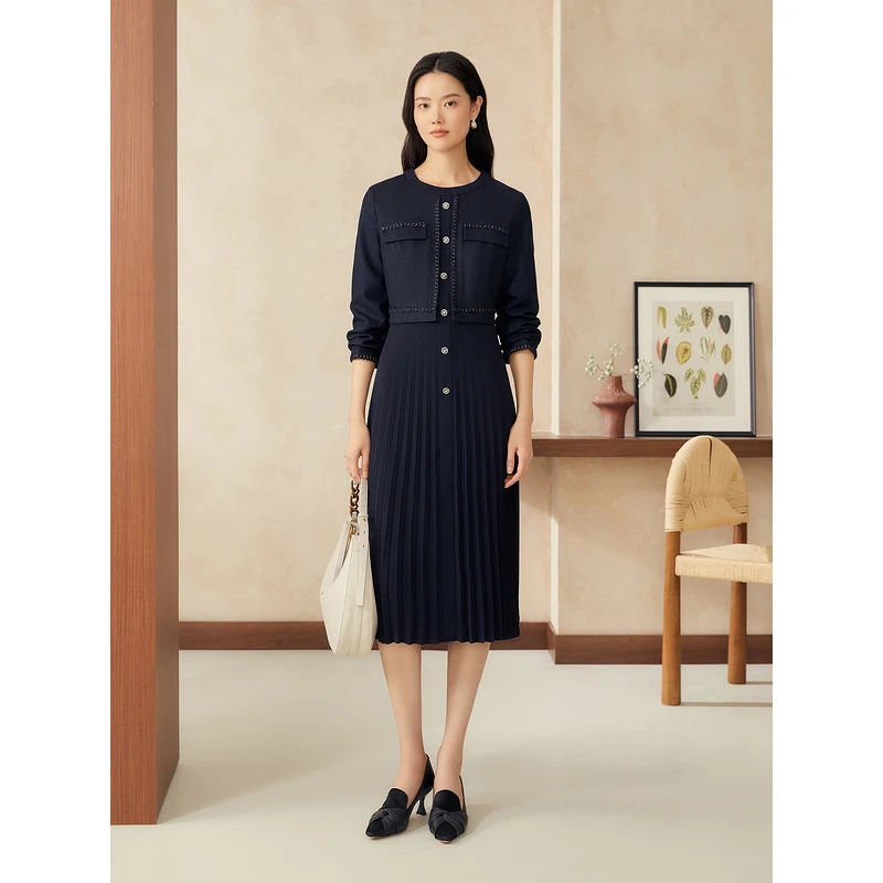 YINER/音儿气质亮丝肌理感粗花呢小香风假两件连衣裙8C65105086