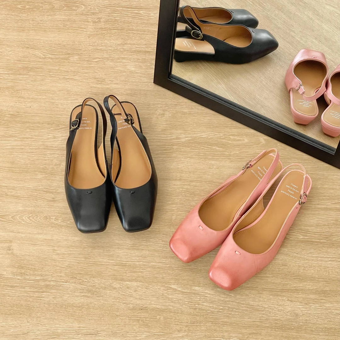 HUSSLOVE 头层水洗牛皮·跟高3CM·百搭时尚擦色水洗方头包头凉鞋女