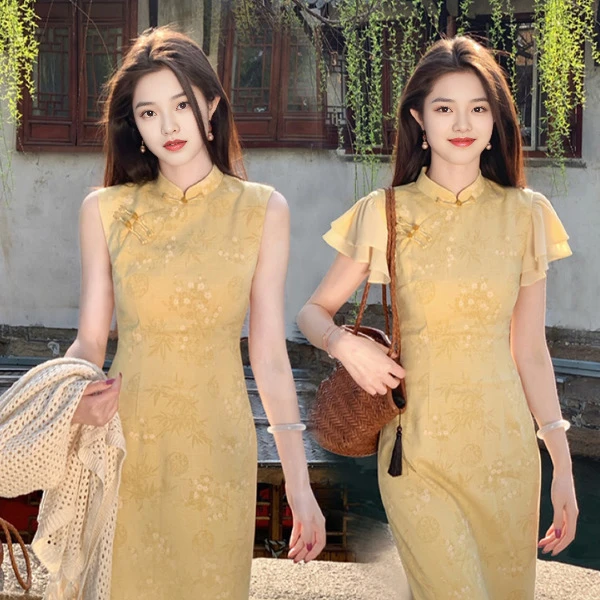 小个子优品新中式黄色无袖改良旗袍女短款提花新中式黄色改良旗袍