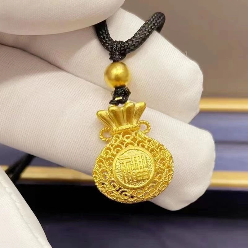 合金吊坠 新品金色花丝镂空钱袋吊坠项链女复古镂福字空钱袋吊坠