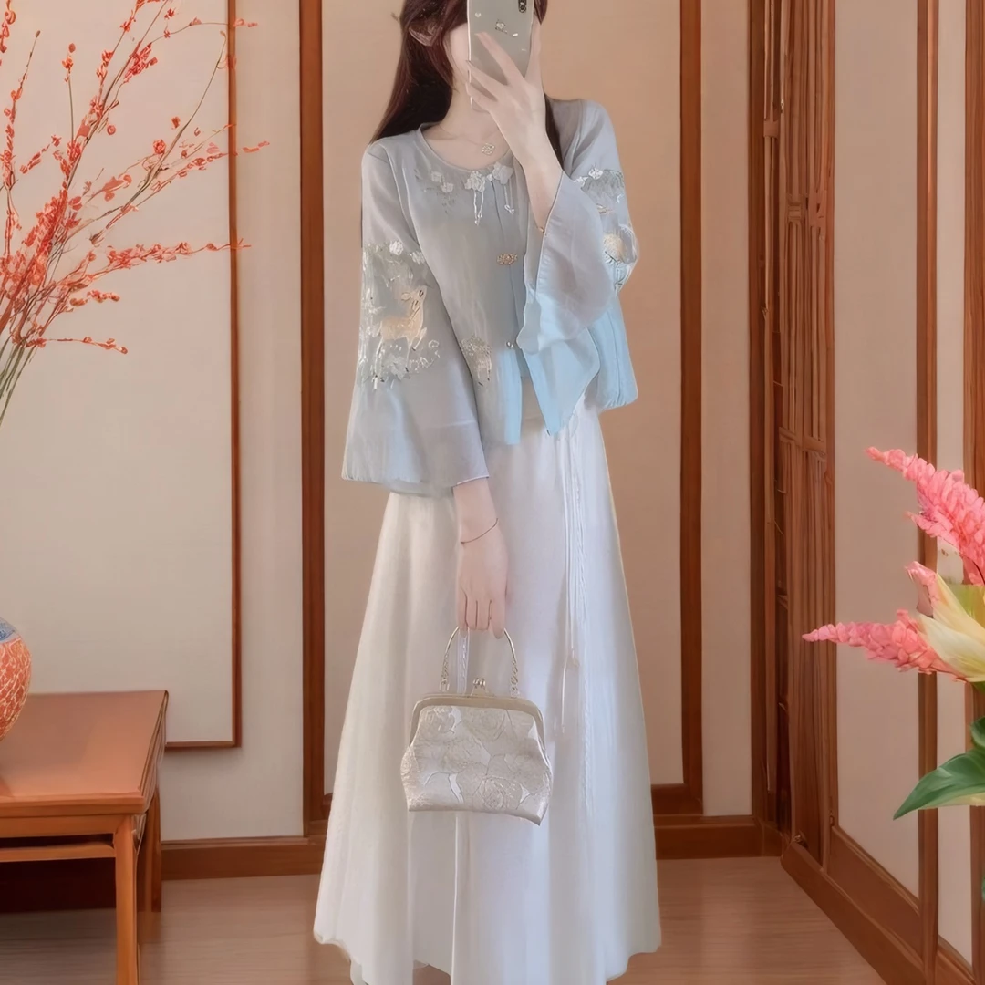 微胖妹妹大码复古刺绣新中式国风两件套古风套装女高级感气质上衣