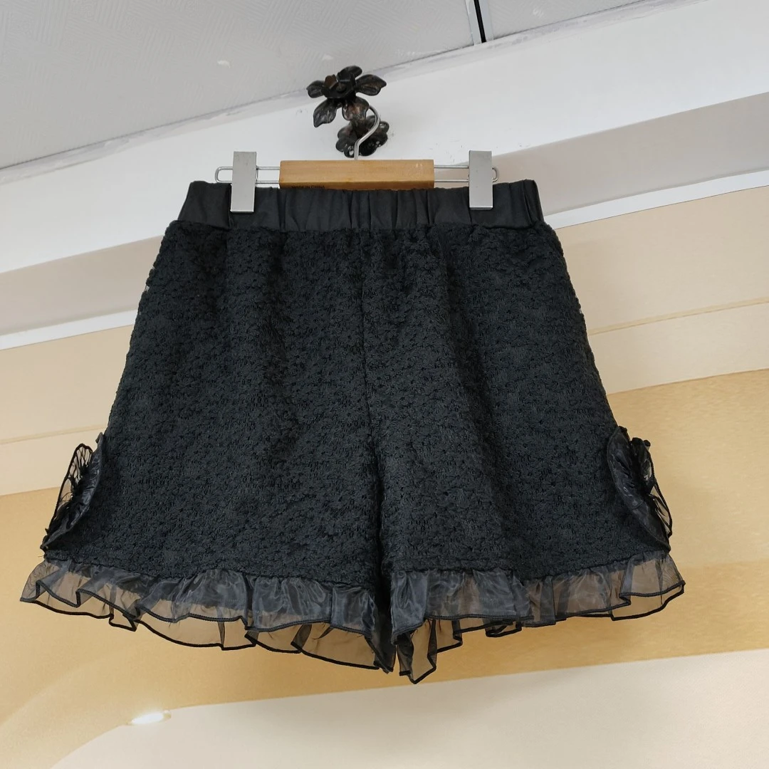 2025年新款高腰黑色蕾丝刺绣显瘦松紧腰韩系女士短裤百搭98741