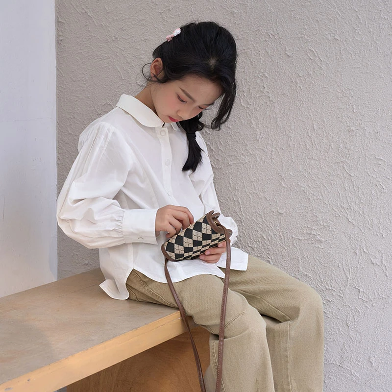 乐题女童学院风衬衫春秋学生文艺小清新长袖女孩中大童娃娃领上衣