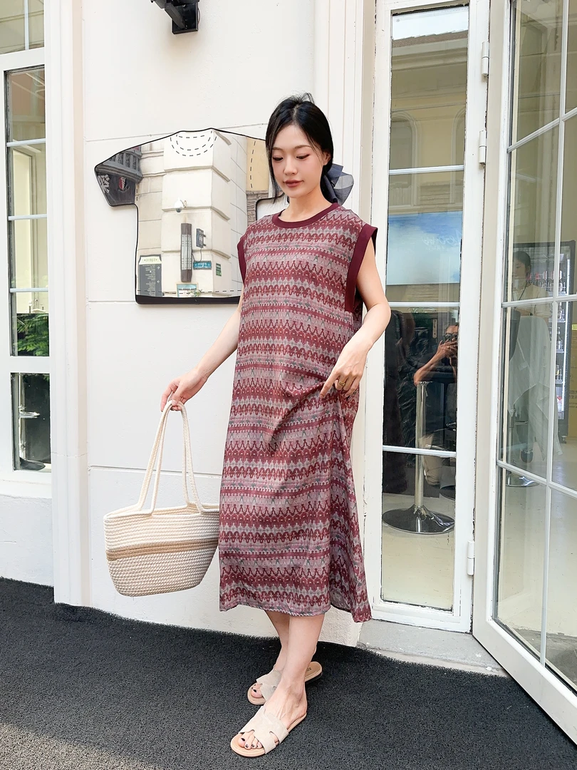 夏新款极简风人造棉印花连衣裙慵懒风棉绸显瘦百搭无袖中长款裙子