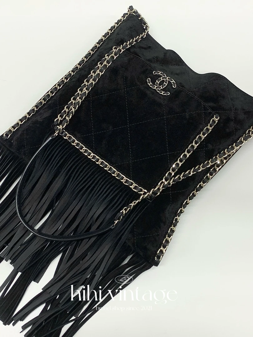 99新 Chanel/香奈儿 22C黑金拼皮外缝线滚边皮穿链流苏托特包二店