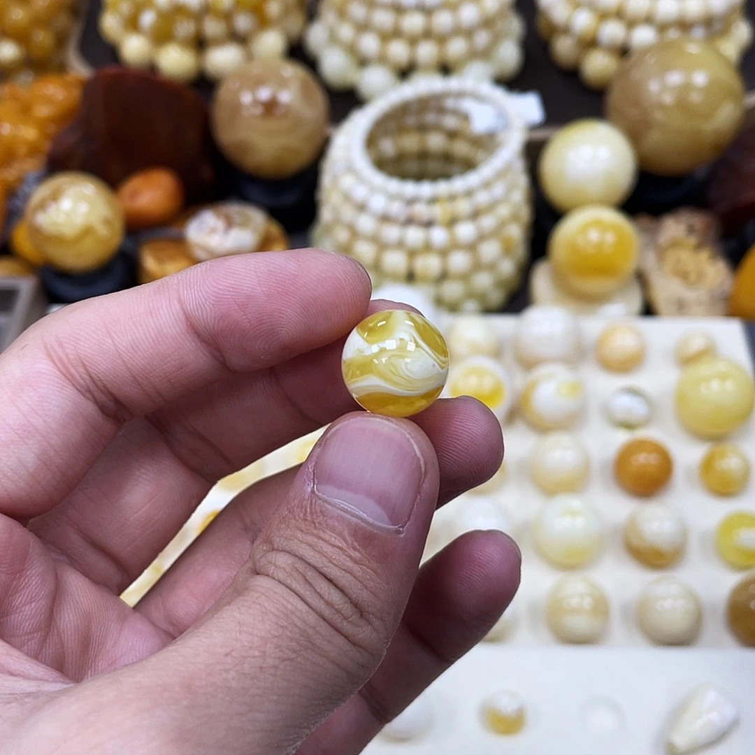 蜜蜡未镶嵌珠宝奇石14.2mm【拉丝妖孽橙橘金白】瑕疵圆珠