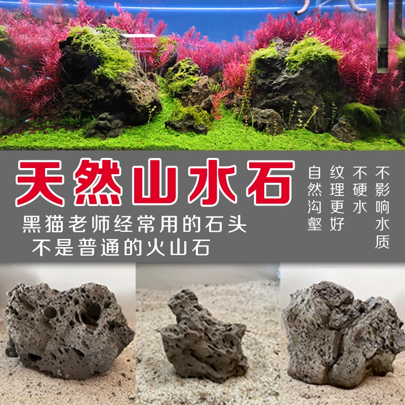 L山水石造景石鱼缸专用黑色火山石天然纹理原石草缸造景黑猫精选