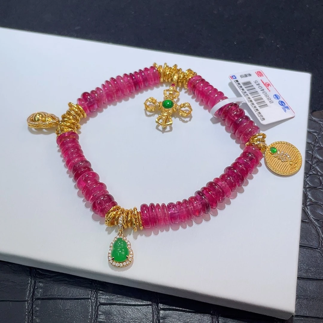 碧玺手链18K金镶嵌@***❤ 艳桃红