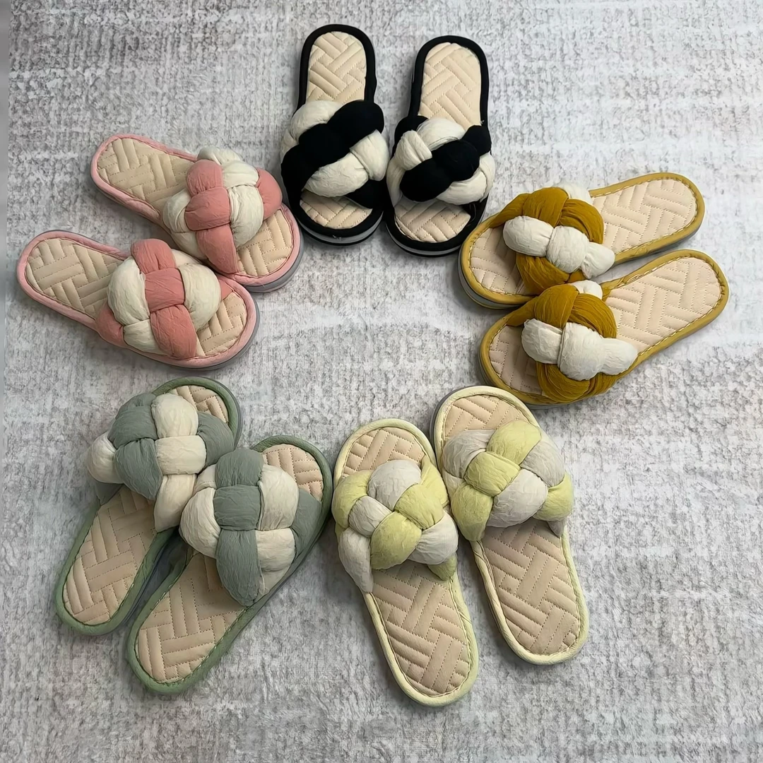 纯棉布艺加厚三层四季女款布底软底静音居家韩版ins家居室内拖鞋
