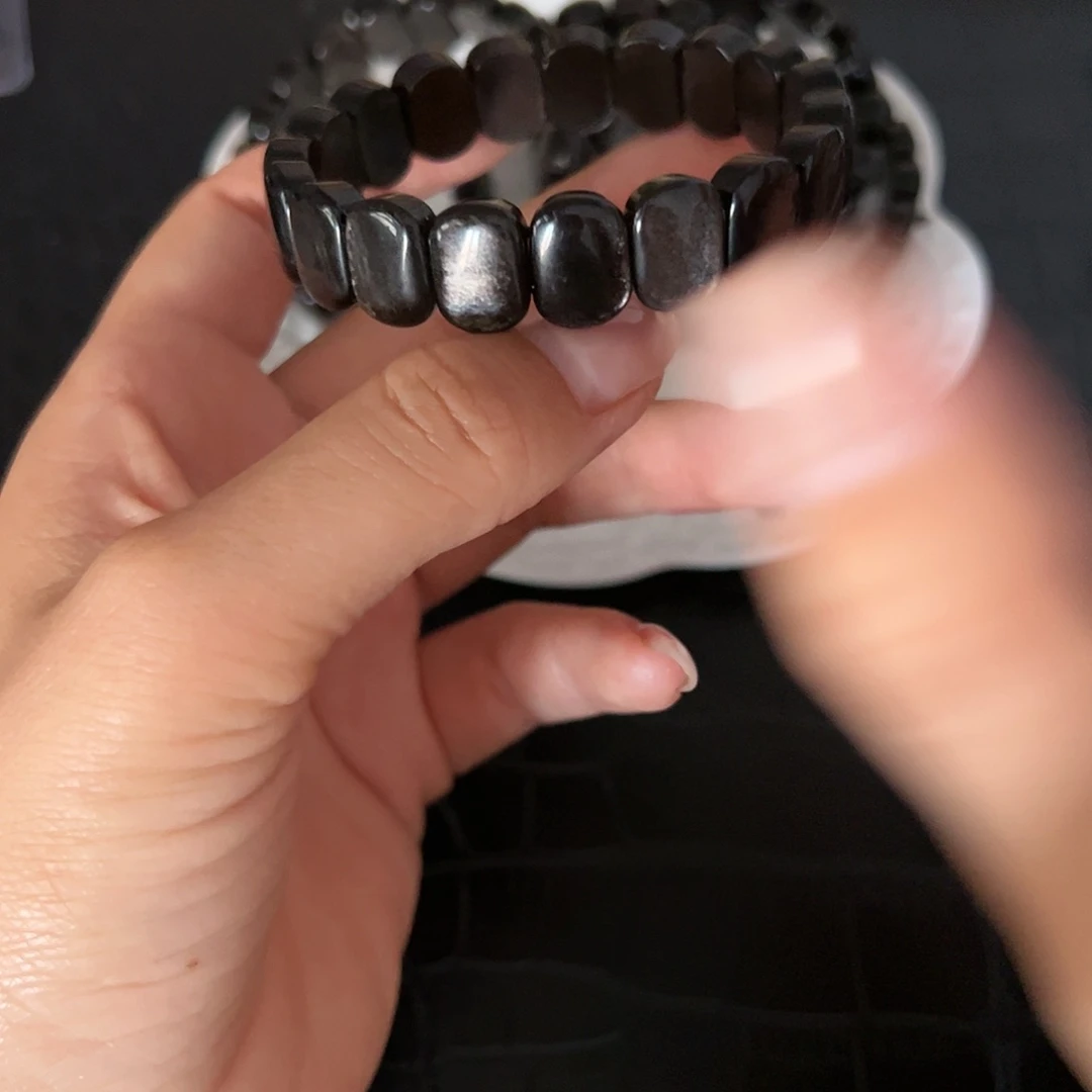 烟晶手链银S925镶嵌银曜石手牌