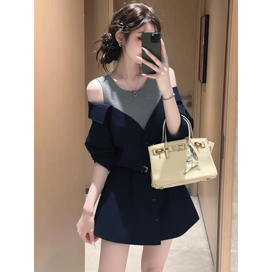 早秋小个子穿搭巨好看大方得体韩系冷淡系假两件露肩衬衫连衣裙女