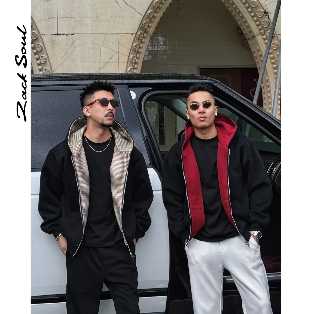 Zack校长zacksoul 重磅拼色千鸟格卫衣海岛棉百搭开衫外套连帽