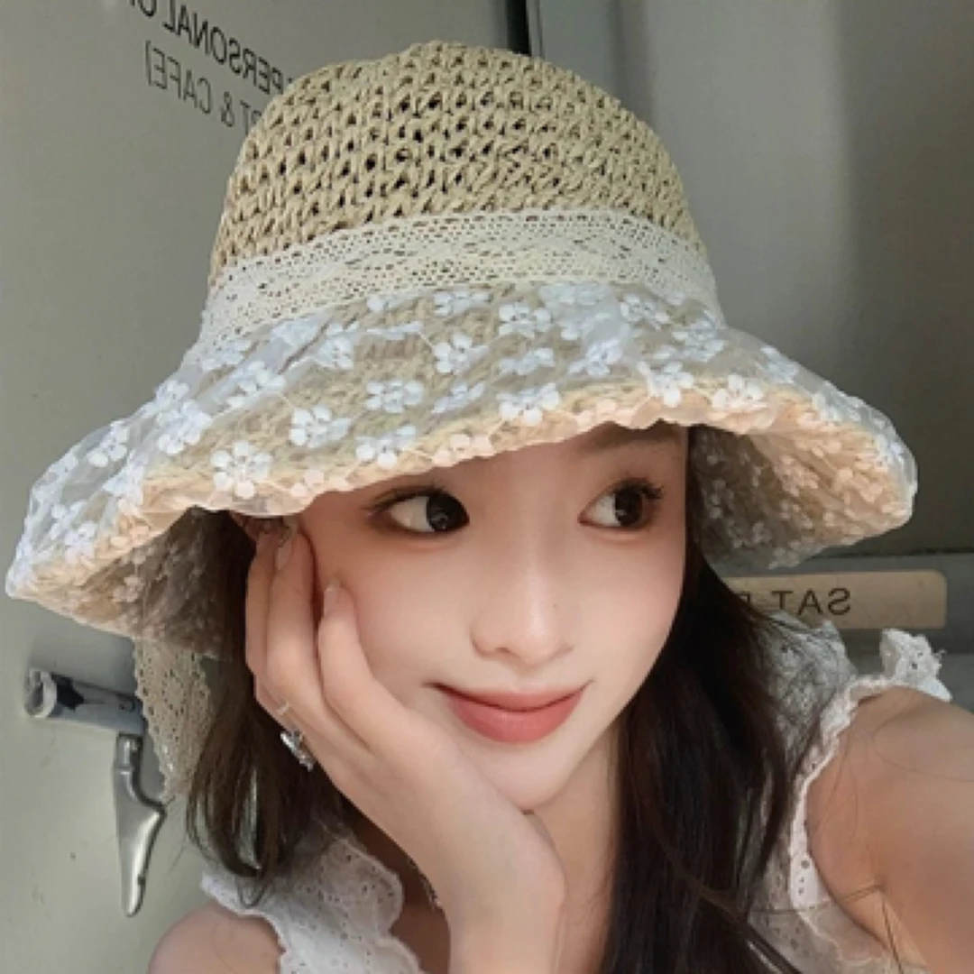 海边度假蕾丝蝴蝶结帽子新款女夏季大檐网红手工编织草帽防晒帽潮