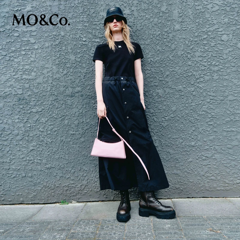 【妍妍甄选】MOCO春拼接式连衣裙抽绳松紧腰按扣前开叉MBD1DRST14