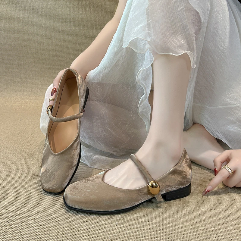 新中式真软皮单鞋方头绝美低跟芭蕾鞋复古一字带扣玛丽珍鞋配旗