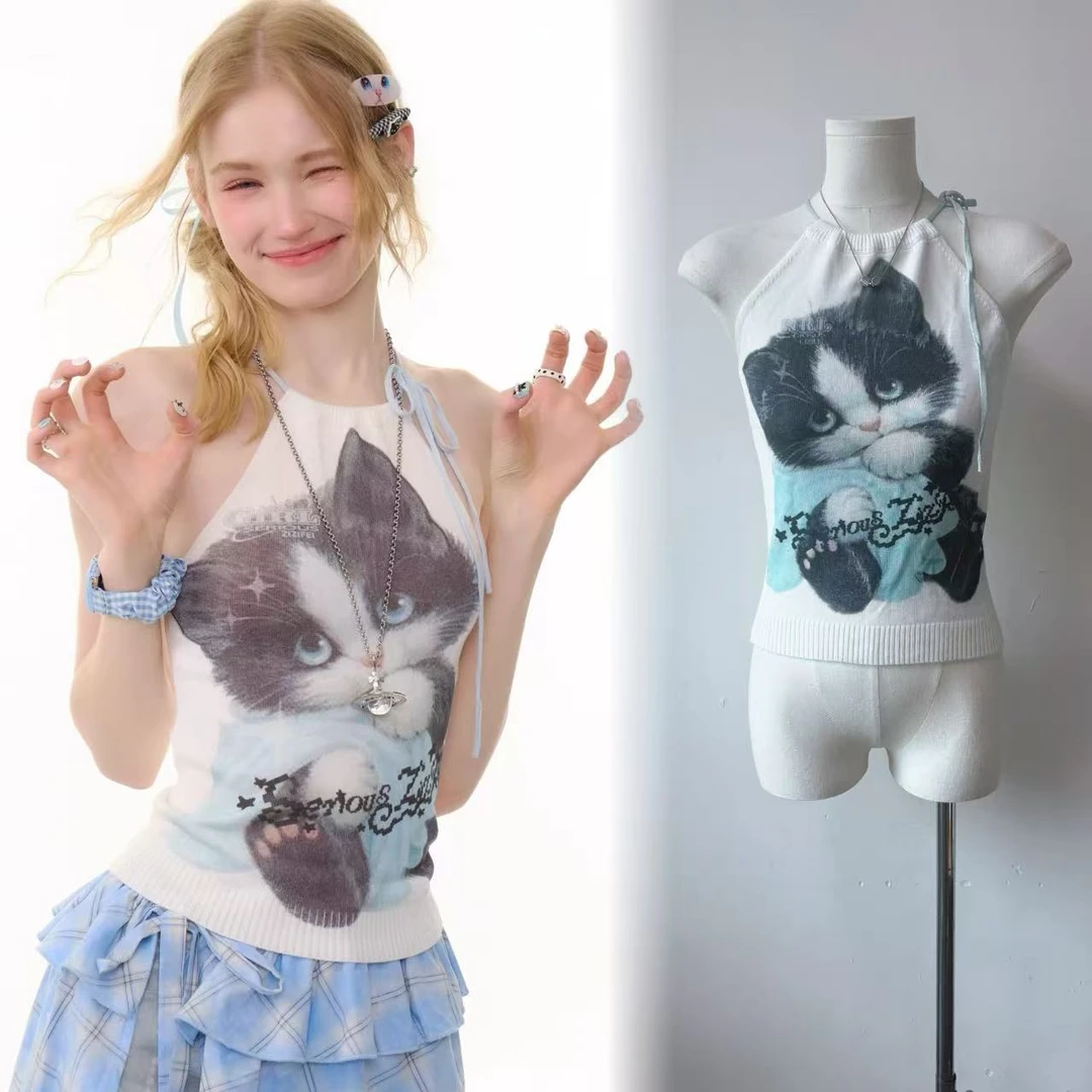ziziFei夏季设计感猫咪印花白色无袖上衣系带挂脖针织吊带背心女