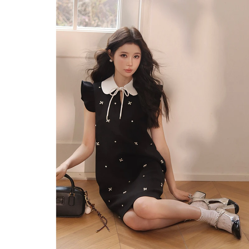 【现货】MIUCO娃娃领系带荷叶边飞飞袖重工钉珠镶钻收腰显瘦连衣裙