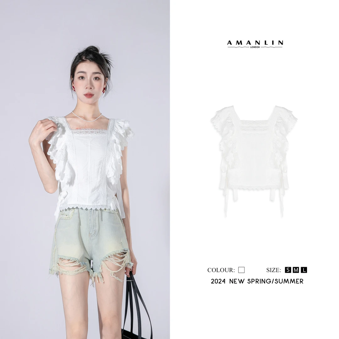 AMANLIN/阿谩琳【小白鸽】夏蝴蝶结绑带荷叶边设计衬衣WS600019