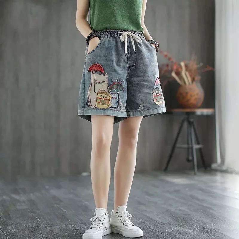 高腰牛仔裤短裤女夏季新款松紧显瘦韩版阔腿宽松大码刺绣短裤漂亮