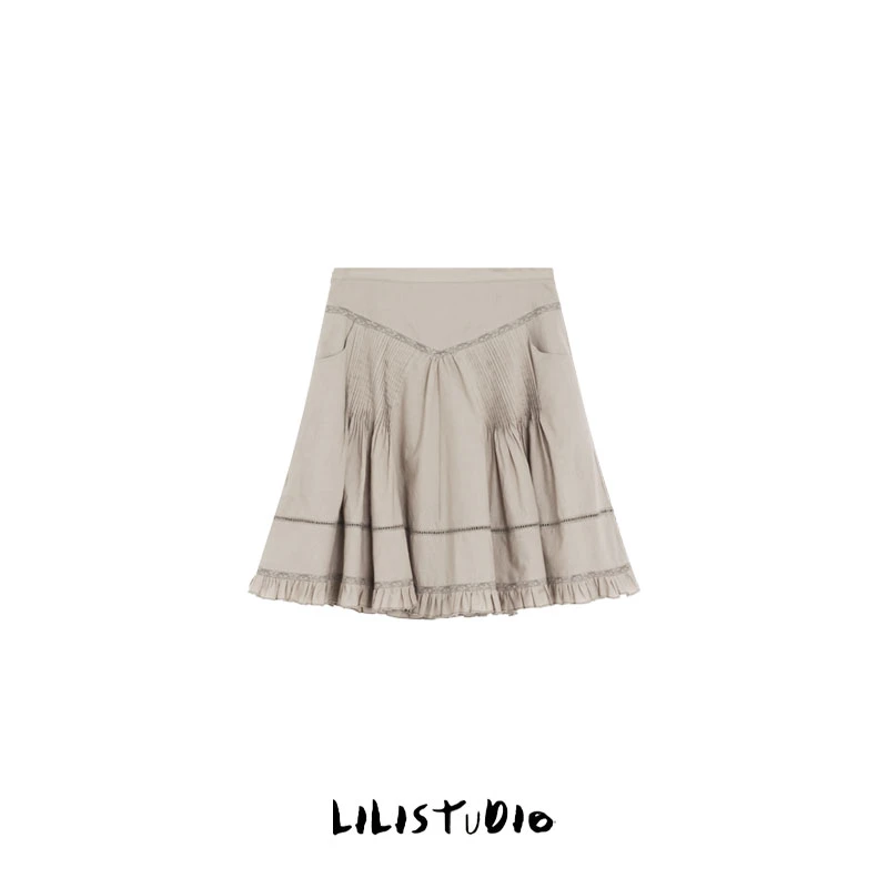 PCNY「荷叶褶裙」不理理夏季新款小众女装时尚荷叶边褶皱蕾丝半身裙