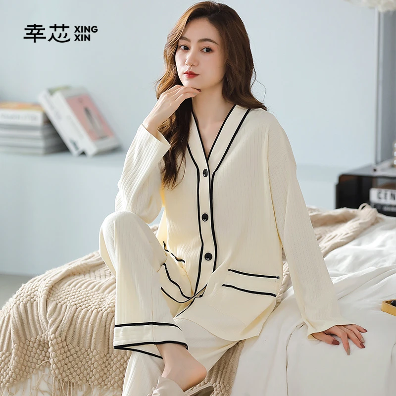 幸芯高档睡衣女春秋季纯棉长袖开衫V领秋冬天棉质家居服大码