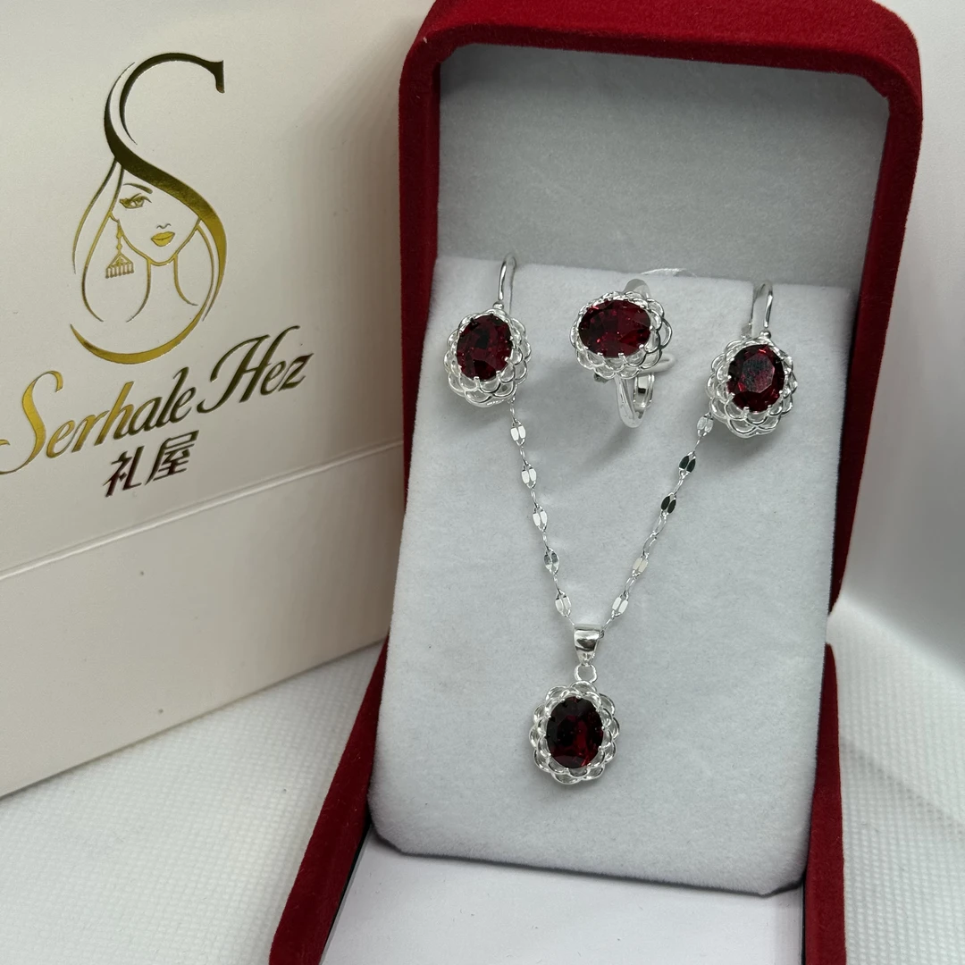 吊坠足银合成锆石 耳环姑娘纯银990民族风三件套耳环戒指吊坠项链