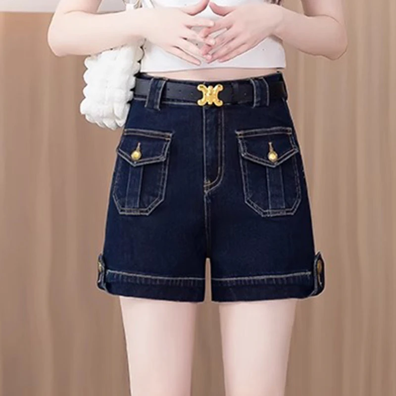 夏季2025新款设计感高腰时尚外穿直筒热裤深蓝色工装牛仔短裤女