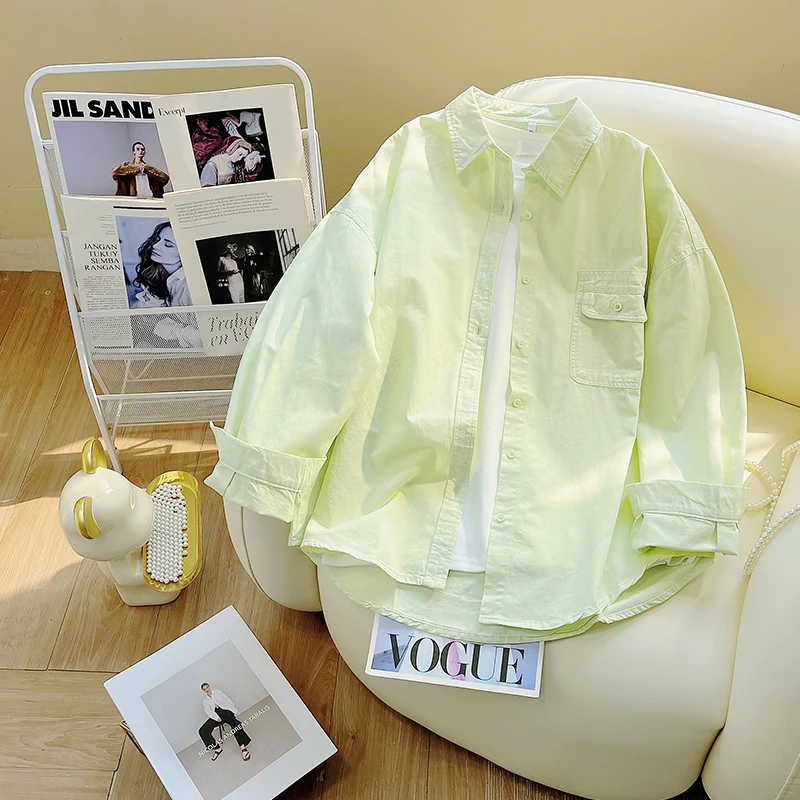 小清新polo领韩版长袖衬衫女2025早春新款果绿色气质小众宽松衬衣