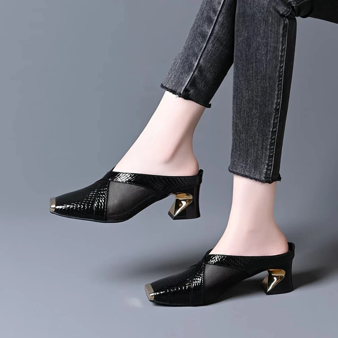 【万象撤柜】粗跟包头网纱凉拖鞋女2025夏季新款方头镂空中跟包头拖