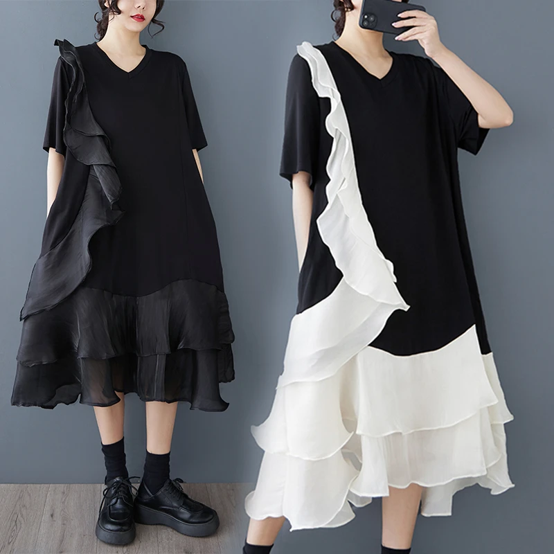 新款2025春夏复古风连衣裙拼接木耳边设计感蛋糕裙时尚百搭中长款