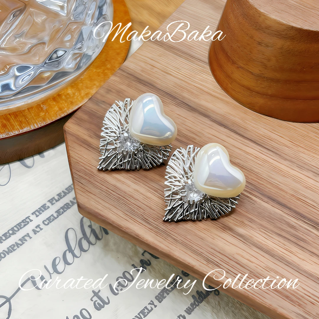 铜合金仿珍珠耳饰 镀K金925银针 高级感轻奢百搭气质爱心耳钉