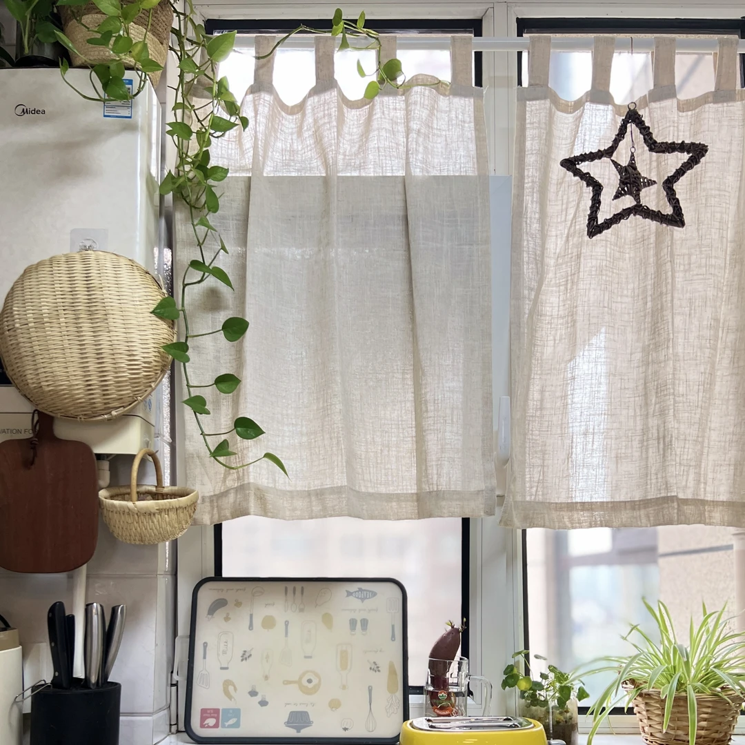 【免打孔安装厨房窗帘】语昕家居纯色北欧可吊带款穿杆款厨帘