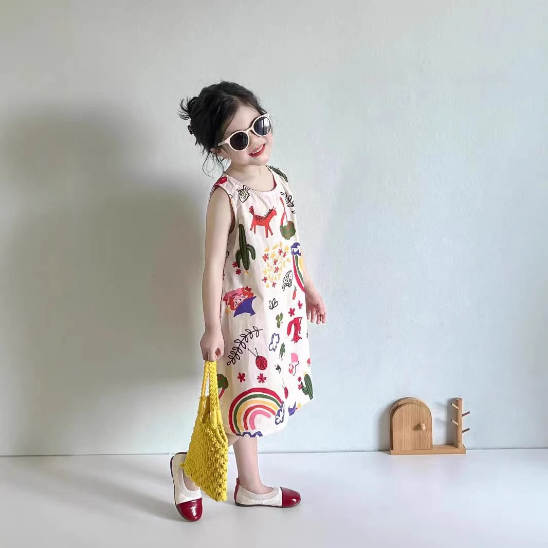 【妍妈】韩版2025夏季童装新款女童卡通涂鸦背心连衣裙