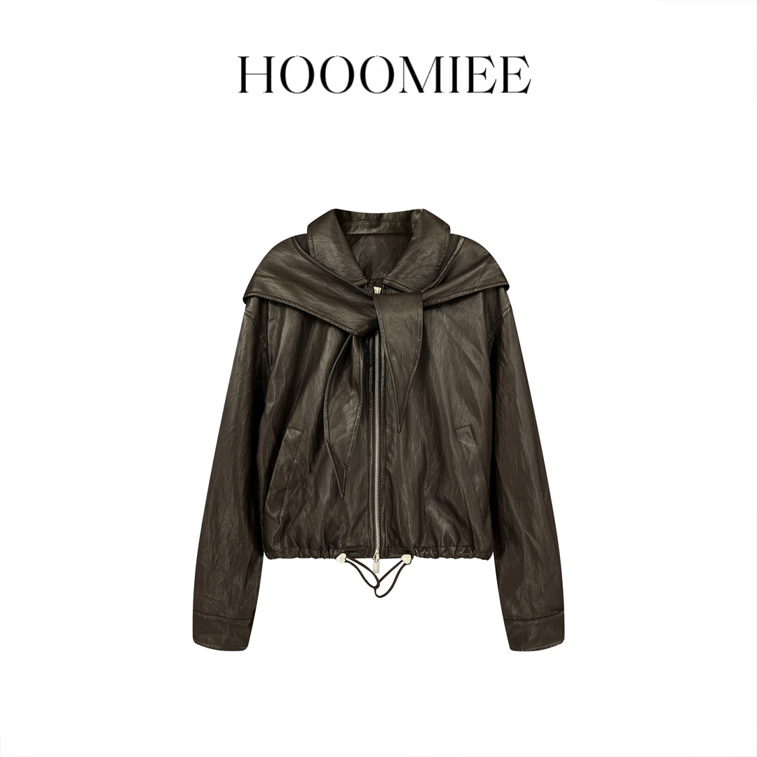 Hooomiee  摩登复古  PU金属肌理感翻领夹克外套8080