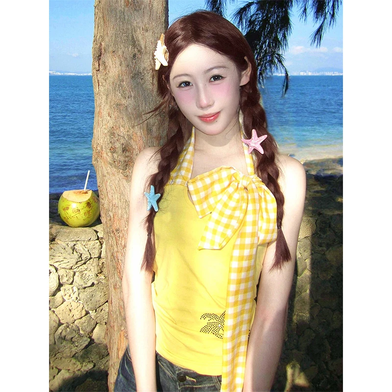 泰式辣妹度假风椰树烫钻挂脖吊带背心女夏格子绑带修身露背上衣