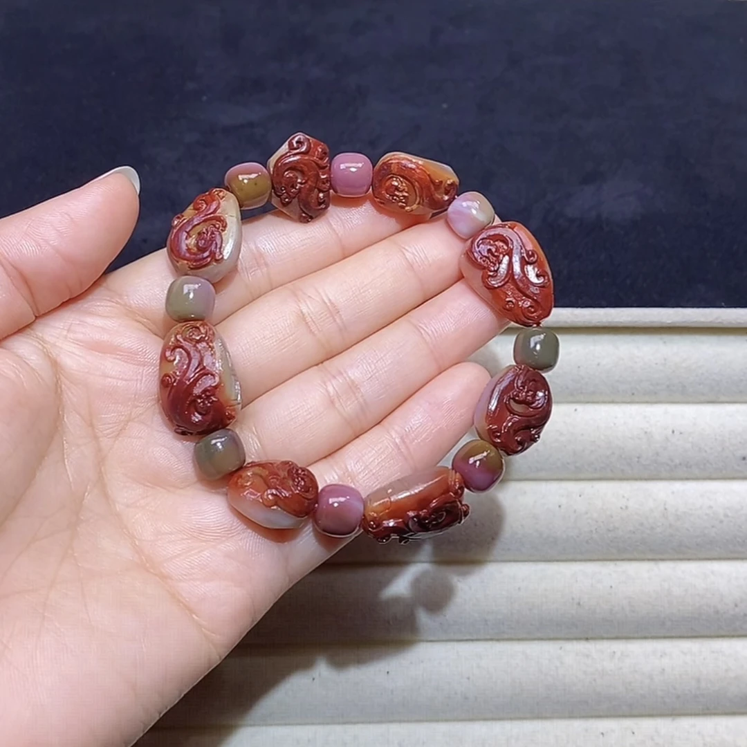 福利大漏四川凉山盐源玛瑙老矿料同心料仿古龙手串手链单圈30.8g