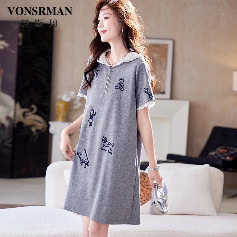 范斯玛连帽蕾丝拼接连衣裙女2025夏季韩系时尚简约气质短袖直筒裙