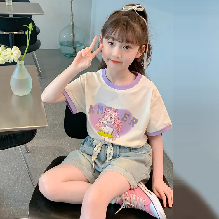 2025新款夏季女童紫色韩版卡通T恤时尚百搭休闲上衣儿童夏装潮
