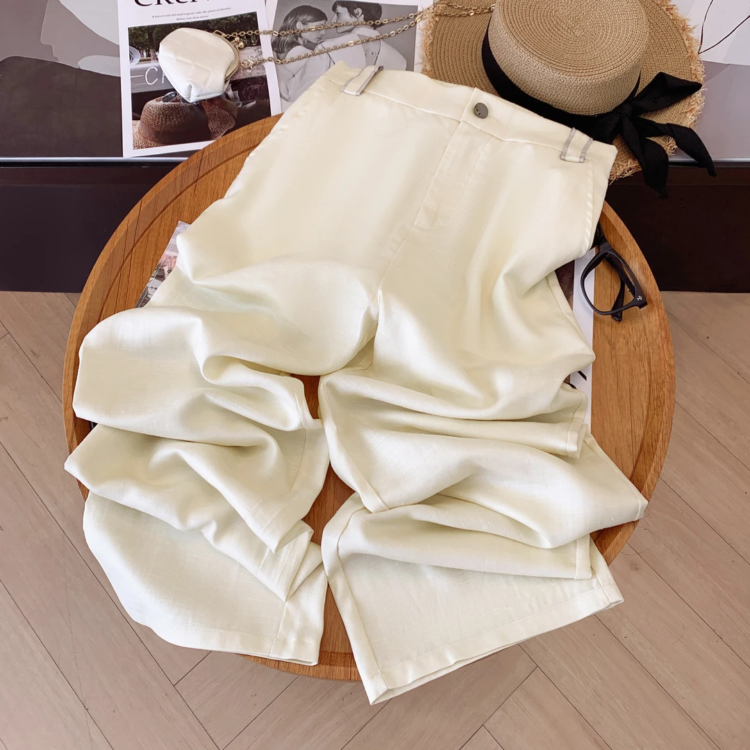 【专柜高货】人字纹天丝法国雨露亚麻乌梅紫休闲松紧高腰显瘦直筒裤