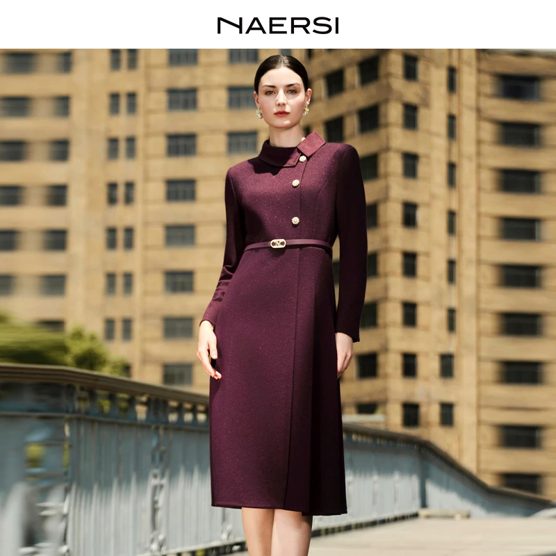 娜尔思圆领气质链条连衣裙高弹力优雅连衣裙NF10615A4