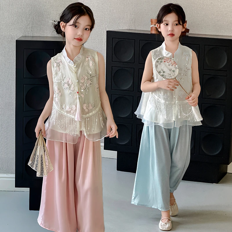 女童国风亮片无袖阔腿裤套装夏季2025新款新中式绣花上衣九分裤潮