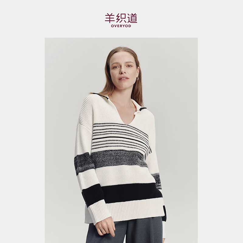 羊织道 云杉 春季条纹针织衫中长款翻领蓝白条纹休闲纯棉上衣女