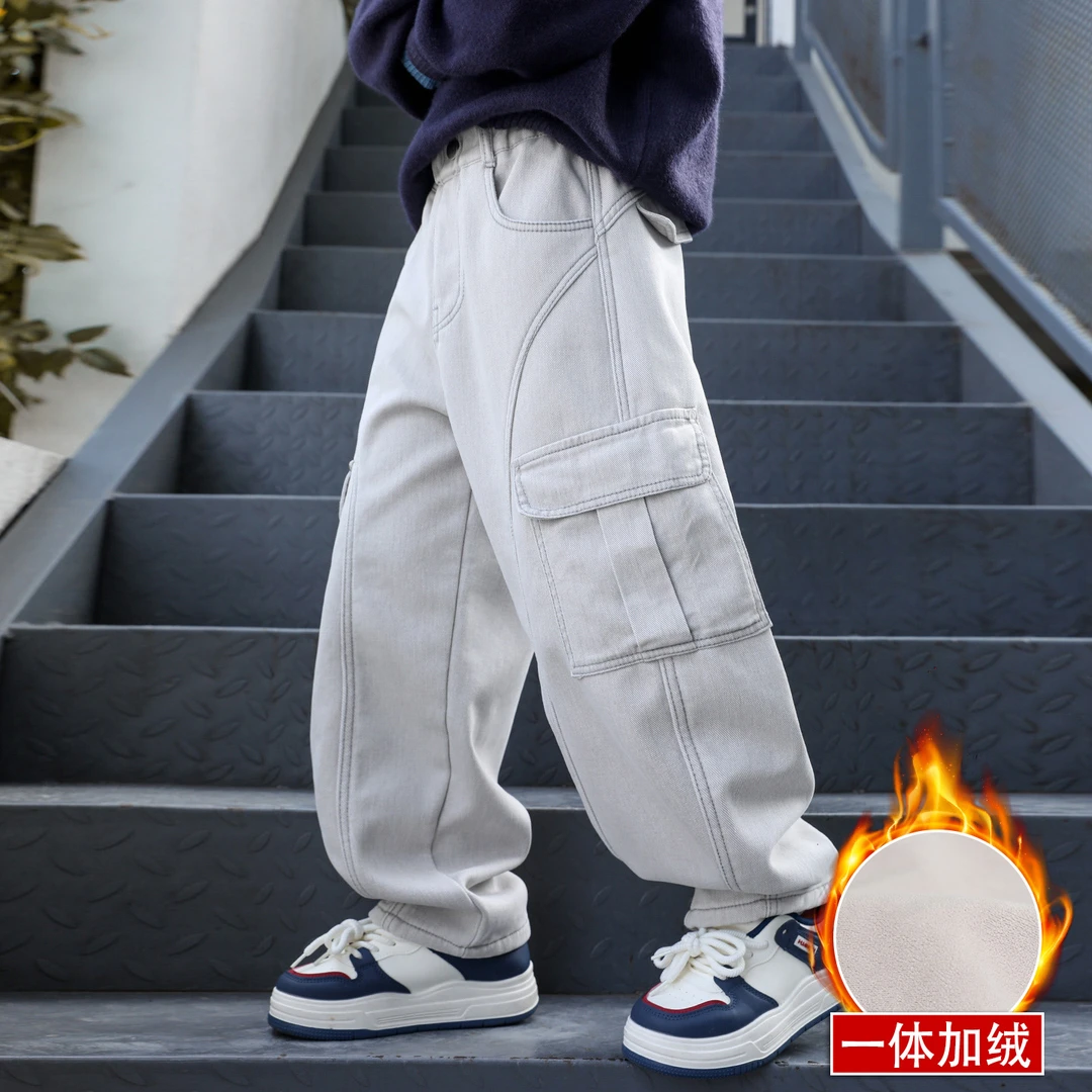 男童加绒工装裤秋冬季2025新款儿童裤子冬装中大童一体绒休闲长裤