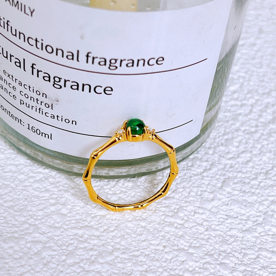 足金999绿色竹节莫桑戒指气质轻奢简约经典环戒素款镶嵌