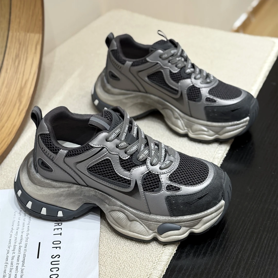 真皮复古炸街时髦超火老爹鞋女2025新款秋厚底脏脏爆款增高运动鞋