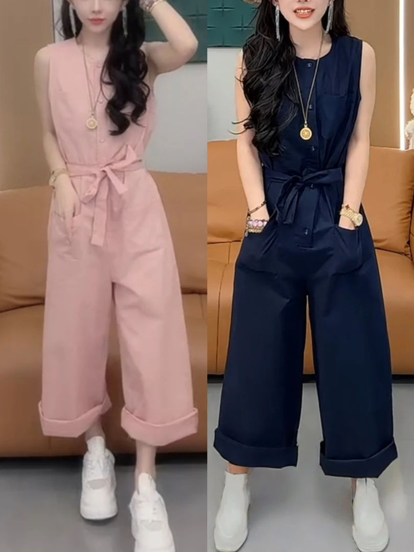 夏季新款薄款透气无袖亚麻工装连体裤洋气减龄宽松显瘦收腰阔腿裤